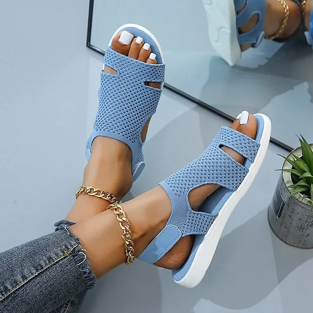 Women's Sandals Plus Size Flyknit Shoes Outdoor Daily Walking Summer Flat Heel Open Toe Sporty Casual Walking Shoes Tissage Volant Magic Tape Solid Color Solid Colored Almond Light Blue