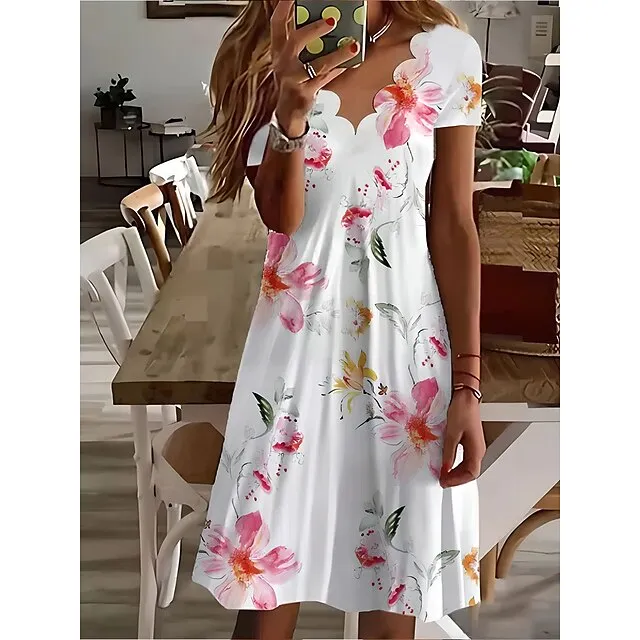 Women's Casual Dress Shift Dress Floral Dress Mini Dress Black And White Black White Short Sleeve Floral Print Summer Spring Scalloped Neck Fashion Vacation 2023 S M L XL XXL 3XL