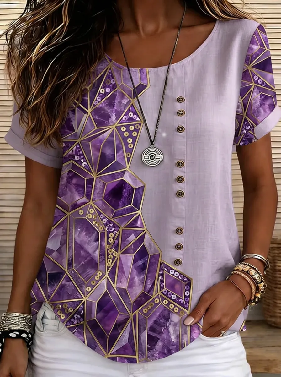 Women's Nashville Geometric Amethyst Printed Button-Up Top