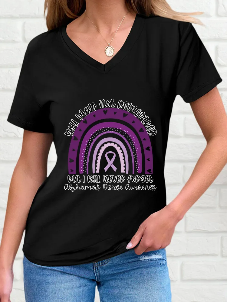 Women'S V-Neck Short-Sleeved T-Shirt You May Not Remember But I Will Never Forget Alzheimer'S Disease Awareness Prints