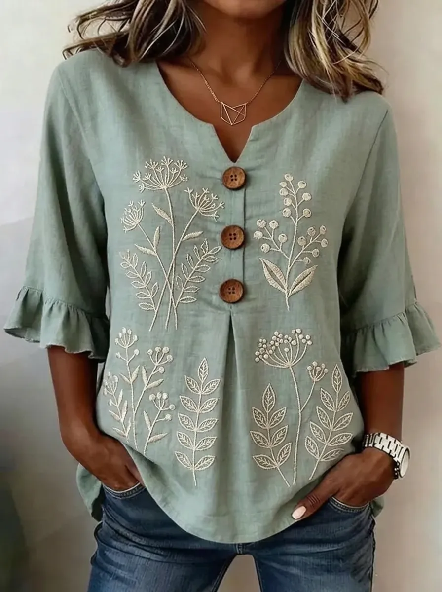 Women's Nashville Floral Botanical Embroidered Buttoned Ruffle Top