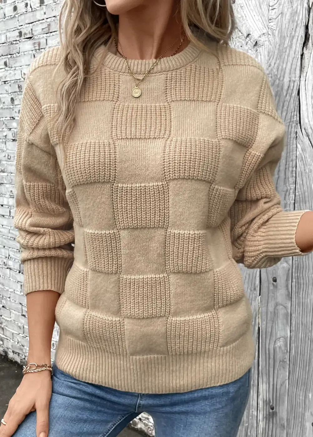Light Coffee Patchwork Long Sleeve Round Neck Sweater