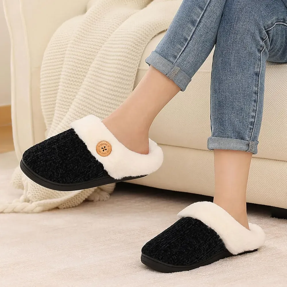 Warm Knit House Slippers for Women Comfy Wool-Like Lined Chenille Slippers with Memory Foam and Indoor Outdoor Soles