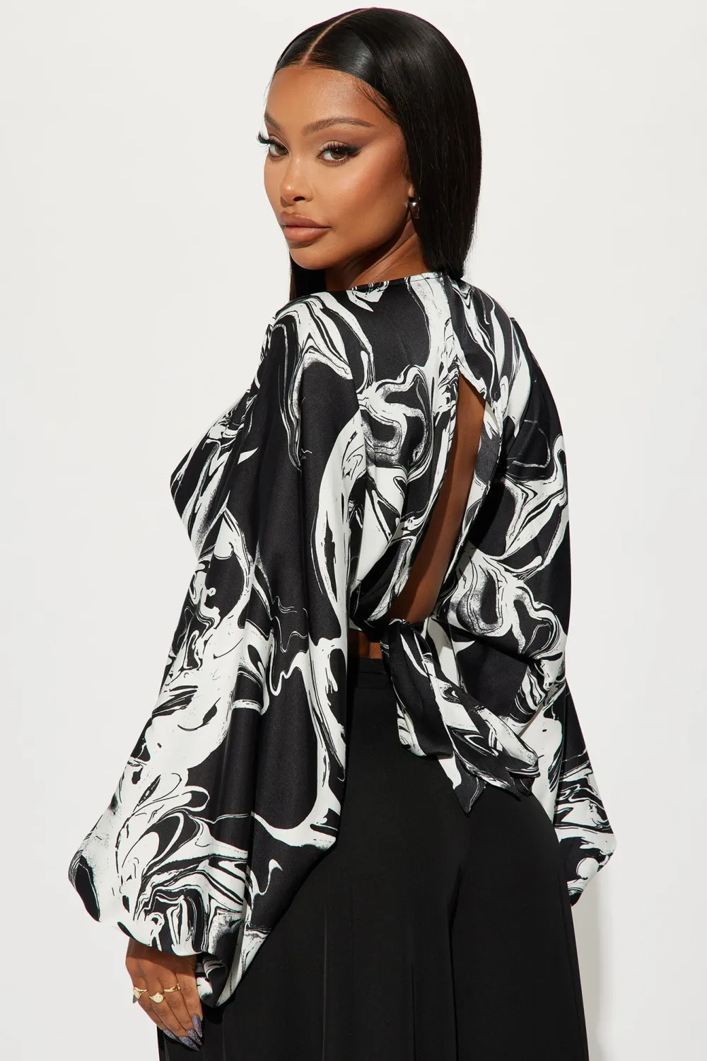 Through The Smoke Satin Blouse Top - Black/White