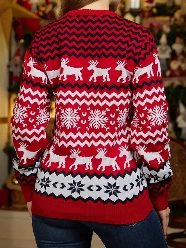 Women's Ugly Christmas Sweater Pullover Sweater Jumper Crew Neck Ribbed Knit Polyester Patchwork Fall Winter Regular Outdoor Xmas Daily Stylish Casual Soft Long Sleeve Elk Striped Snowflake