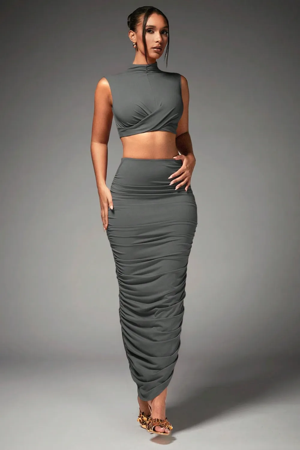BAE Women's Mock Neck Pleated Crop Top And Skirt Set