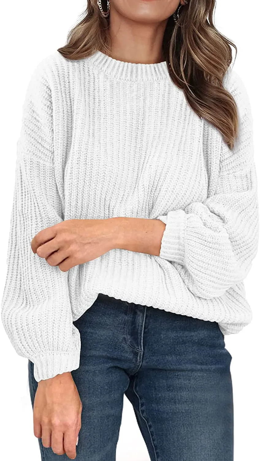 Women's Crew Neck Loose Drop Shoulder Lantern Sleeve Casual Solid Color Knit Pullover Sweater