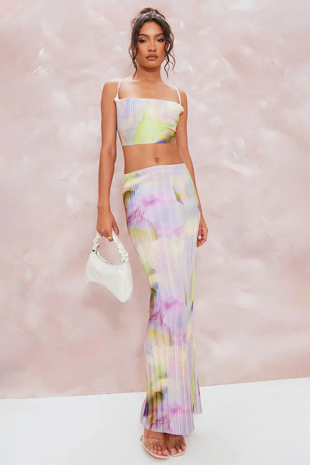 Multi Watercolour Print Plisse Strappy Cowl Neck Top And Skirt Set