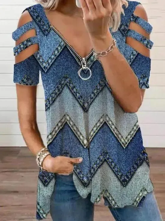 Women Short Sleeve V-neck Floral Printed Geometric Top