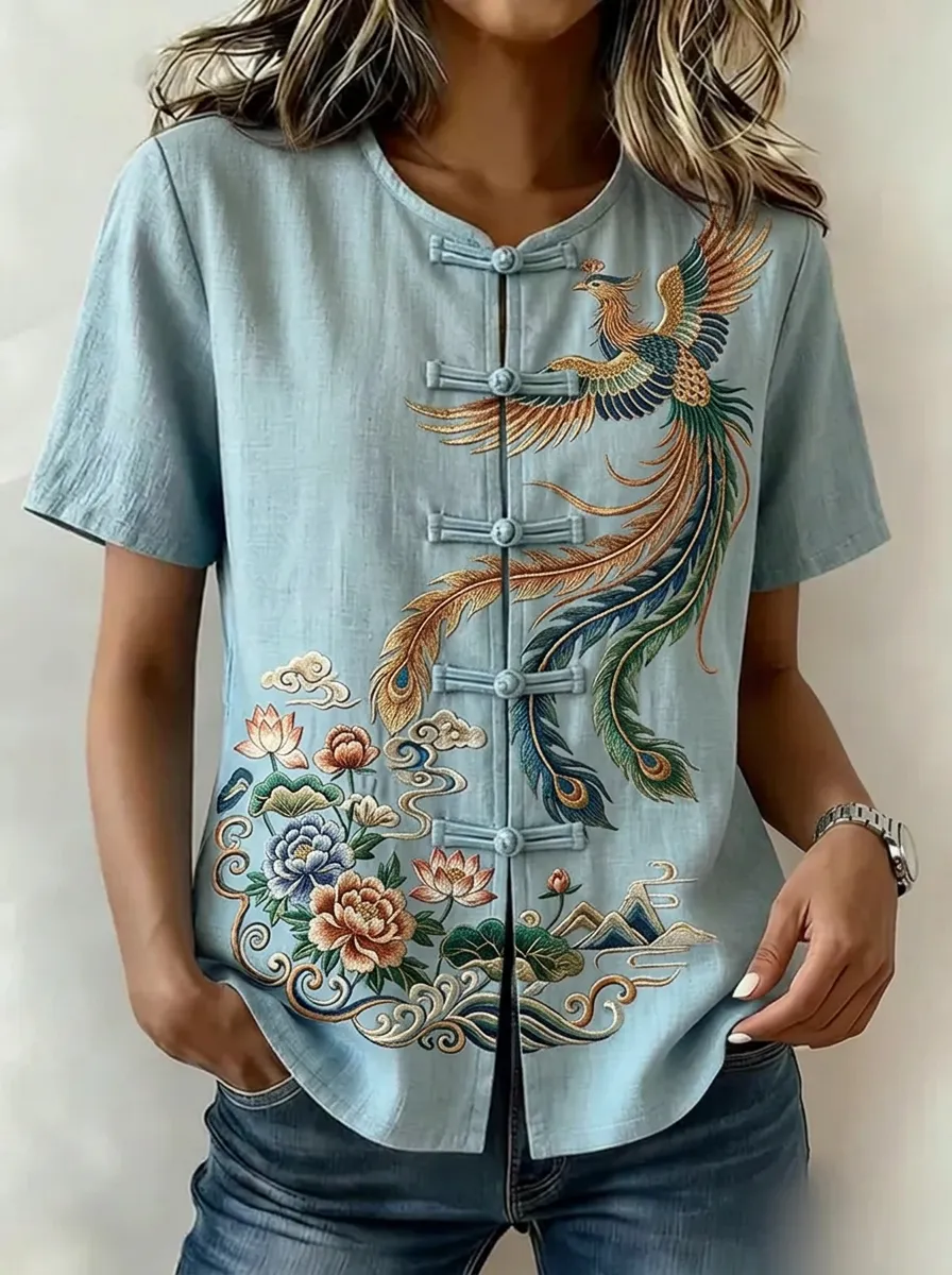 Women's Chinese Style Phoenix Floral Embroidered Printed Top