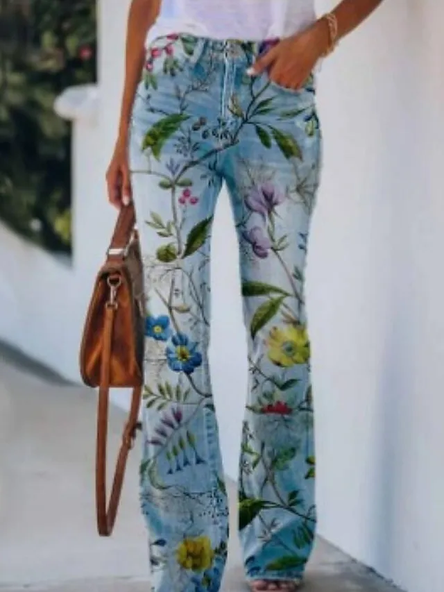 Women's Jeans Bootcut Flared Pants Full Length Faux Denim Print High Elasticity High Waist Fashion Streetwear Casual Daily 1 2 S M Fall & Winter