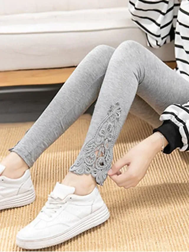 Women's Leggings Black White Grey Fashion Casual Daily Lace Ankle-Length Tummy Control Solid Colored L XL 2XL 3XL 4XL