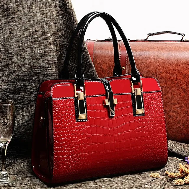 Women's Handbag Satchel Top Handle Bag Patent Leather PU Leather Office Office & Career Solid Color Crocodile Wine Black Blue