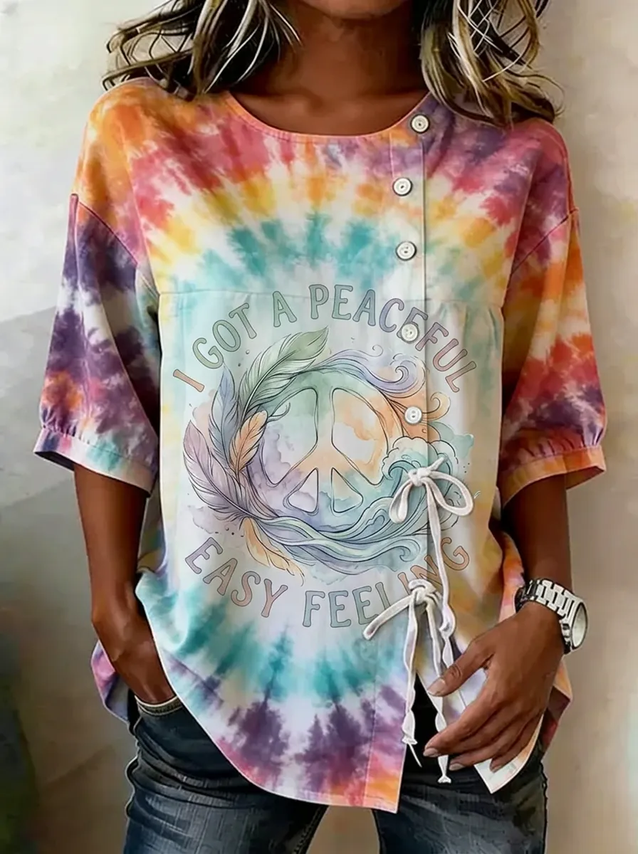 Women's Nashville Peace Sign Feather Printed Tie-Side T-shirt
