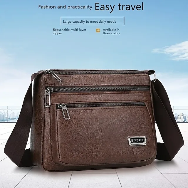 Men's Crossbody Bag Shoulder Bag Messenger Bag PU Leather Daily Holiday Zipper Adjustable Large Capacity Waterproof Solid Color Black Brown khaki