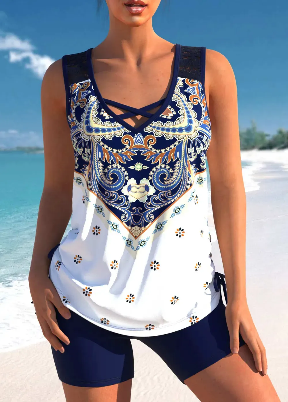 Floral Print Black Cross Strap Tankini Set