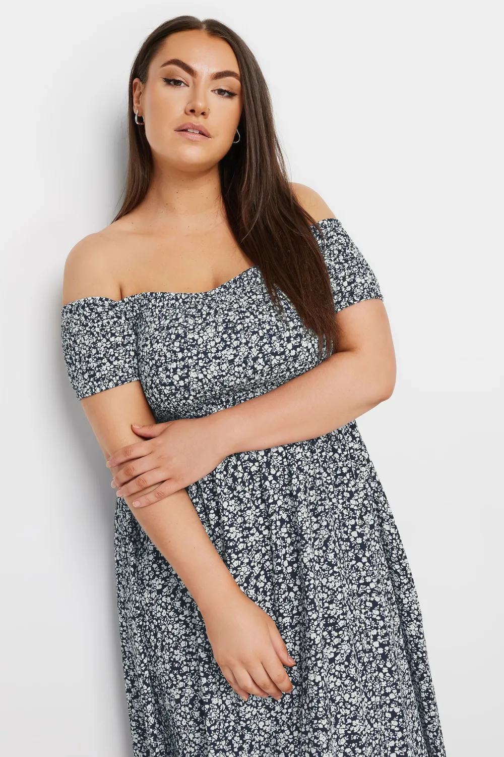 YOURS Curve Navy Blue Floral Print Bardot Midaxi Dress
