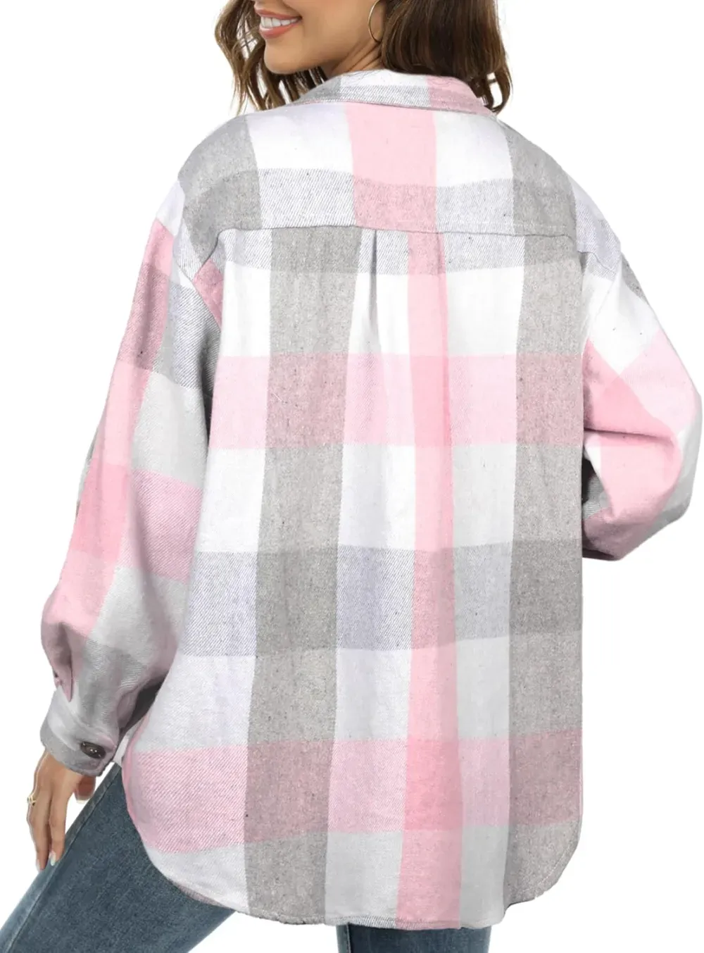 Women's Casual Plaid Flannel Shacket Jacket Oversized Button Down Long Sleeve Fall Shirts Jacket Lapel Coats Tops