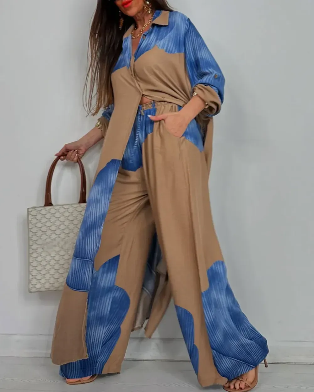 Women's V-neck Patchwork Printed Top and Pants Commuting Casual Suit