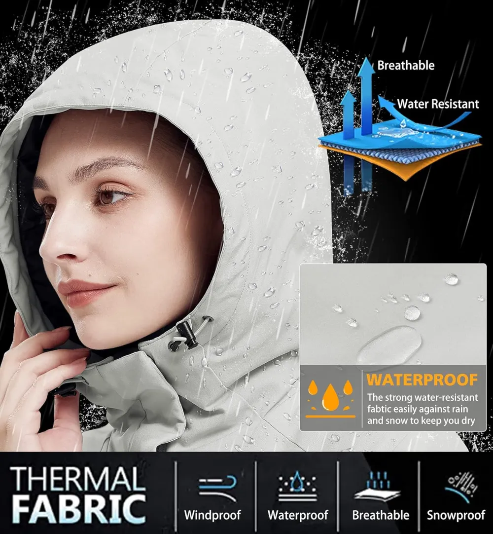Women's Waterproof Mountain Ski Snow Jacket with Fleece Outdoor Windproof Raincoat Hooded for Fall and Winter