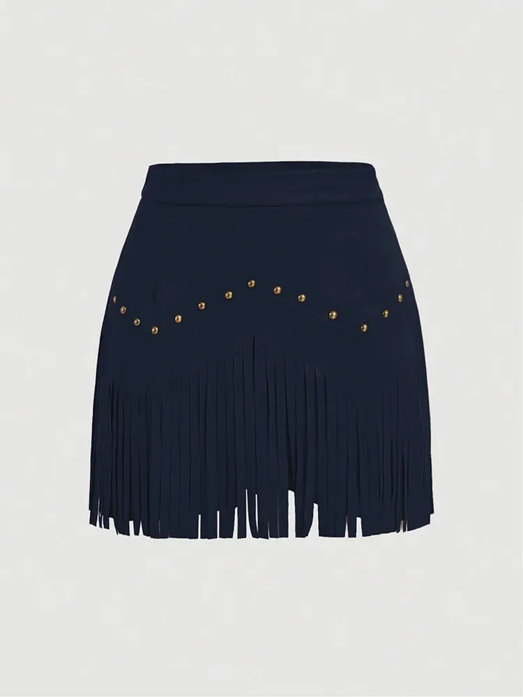 Women'S Vintage Hippie Rivet Fringe Brown Suede A-Line Skirt