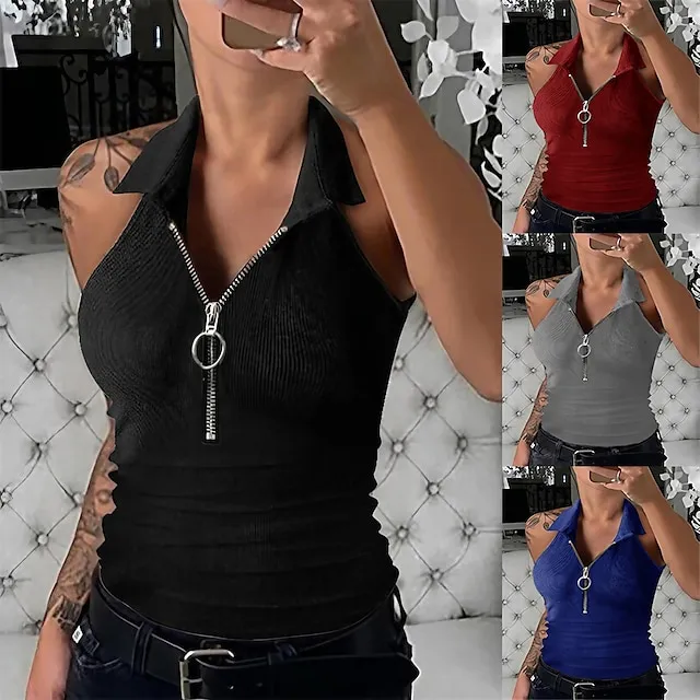 Women‘s spring  summer solid color pit strip lapel zipper vest women‘s fashion casual t-shirt