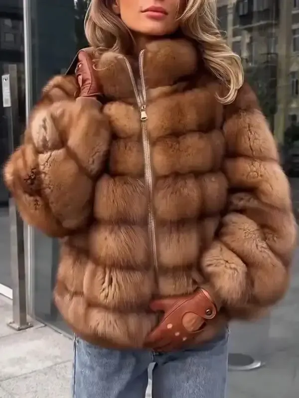 Women's Zippered Fur Patchwork Sleeve Warm Jacket