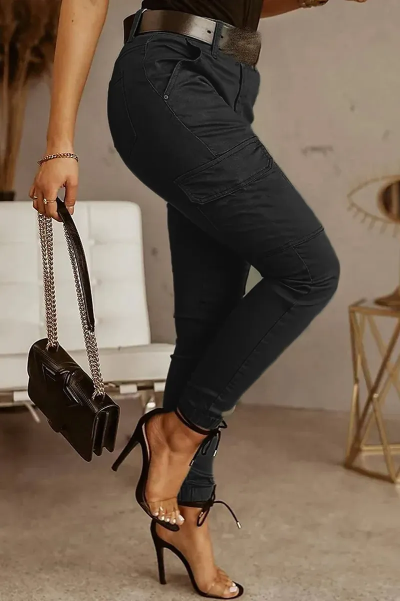 Flap Pocket Zip Detail Mid Waist Pants