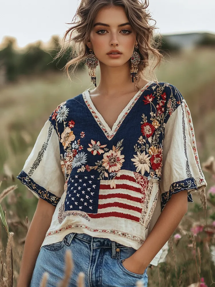 Women's Independence Day Flag Flower Embroidered Art Linen T-shirt