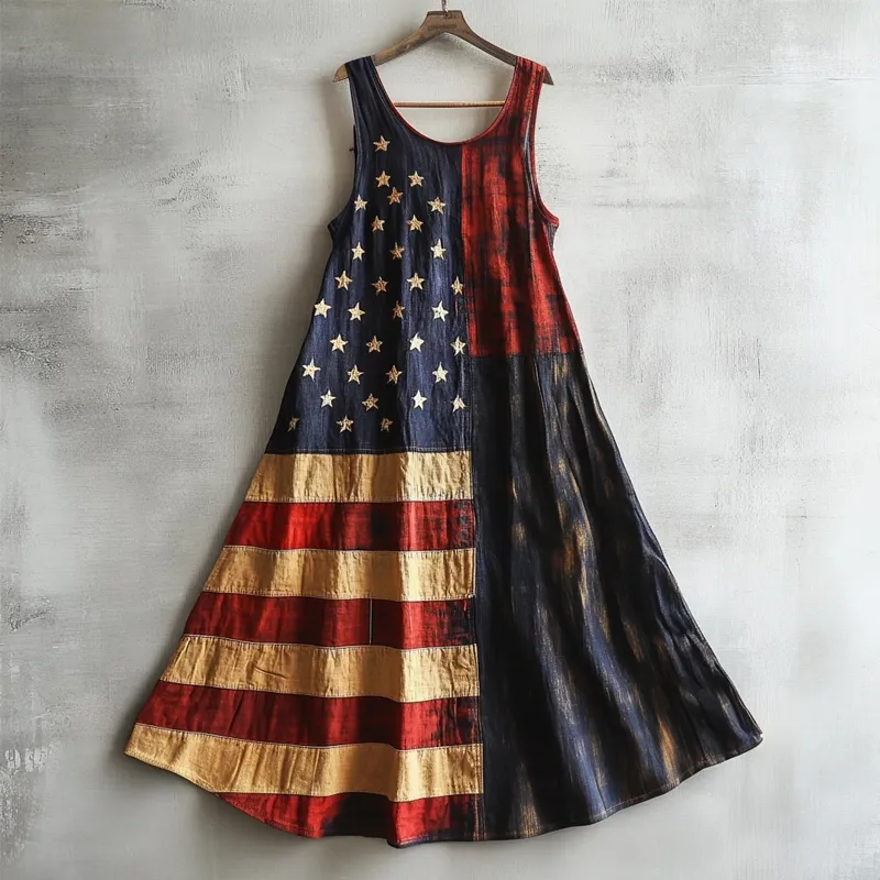 Retro American Flag Patchwork Linen Tank Dress