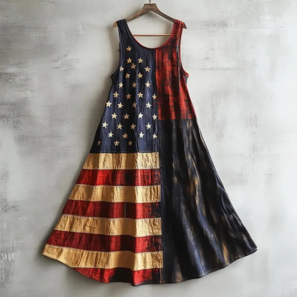 Retro American Flag Patchwork Linen Tank Dress