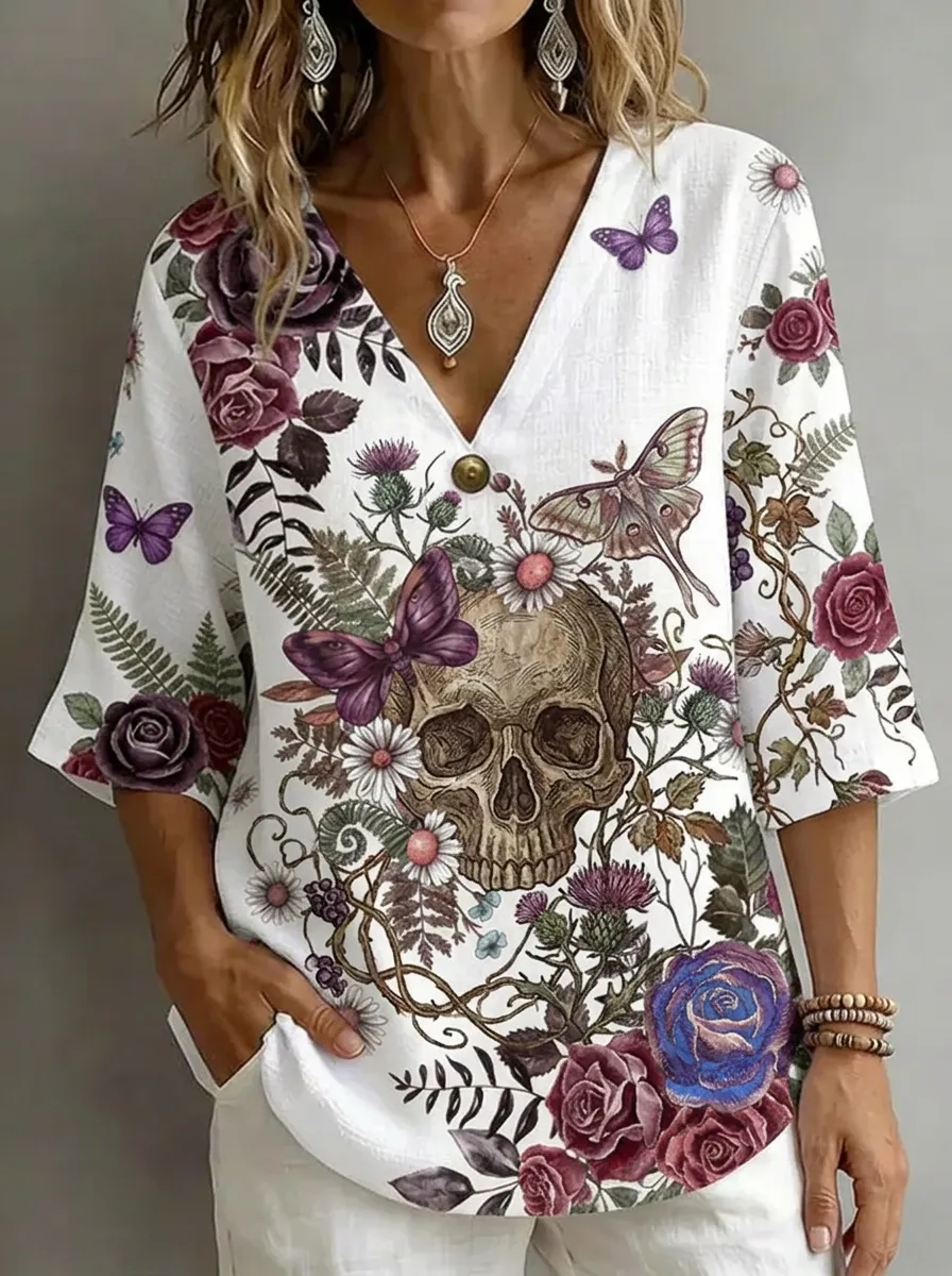 Women's Nashville Skull Floral Butterfly Printed V-neck Top