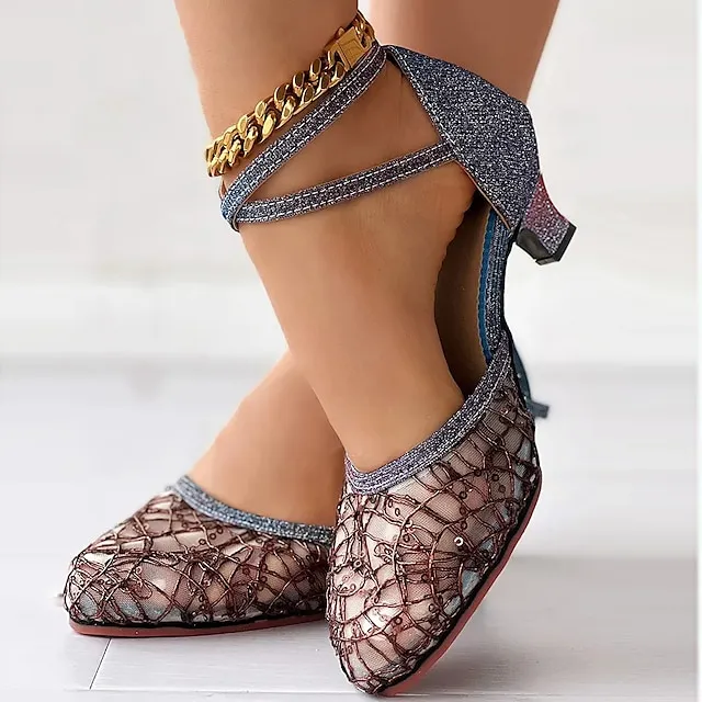 Women's Heels Wedding Shoes Sandals Sexy Shoes Stilettos Comfort Shoes Outdoor Daily Summer Sequin Low Heel Pointed Toe Fashion Elegant Sexy Mesh Cross Strap Solid Color Black 5.5cm Black 3.5cm Blue