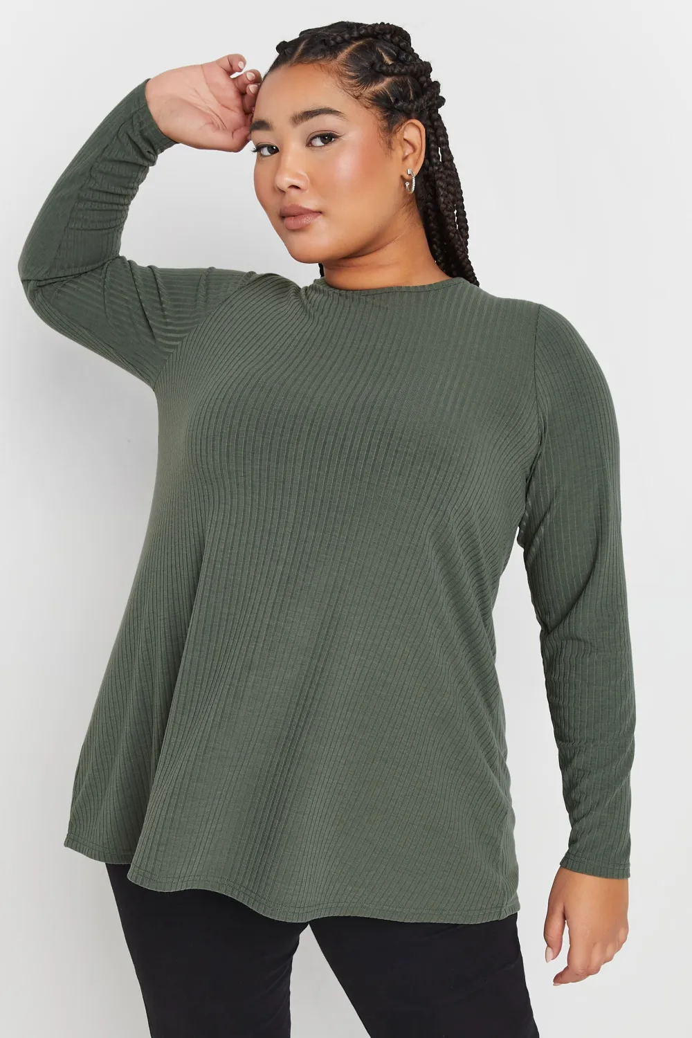 YOURS Curve Black Long Sleeve Ribbed Swing Top