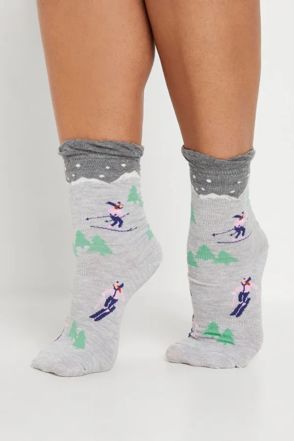 4 PACK Grey & Black Skier Print Ankle Socks