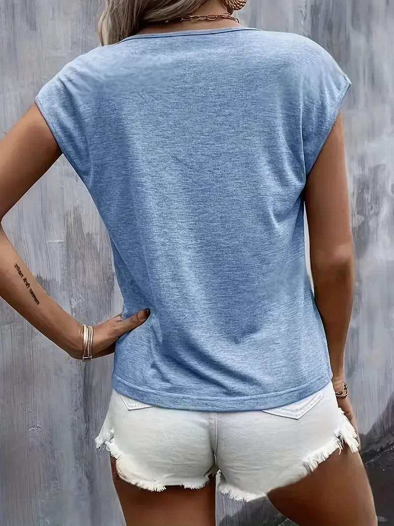 Heart Print V Neck T-shirt, Casual Cap Sleeve Top For Spring & Summer, Women's Clothing