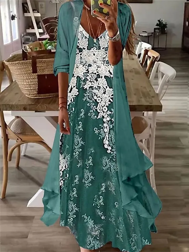 Women's Casual Dress Dress Set Two Piece Dress Long Dress Maxi Dress Purple Brown Green Half Sleeve Flower Print Summer Spring V Neck Fashion Vacation 2023 S M L XL XXL 3XL