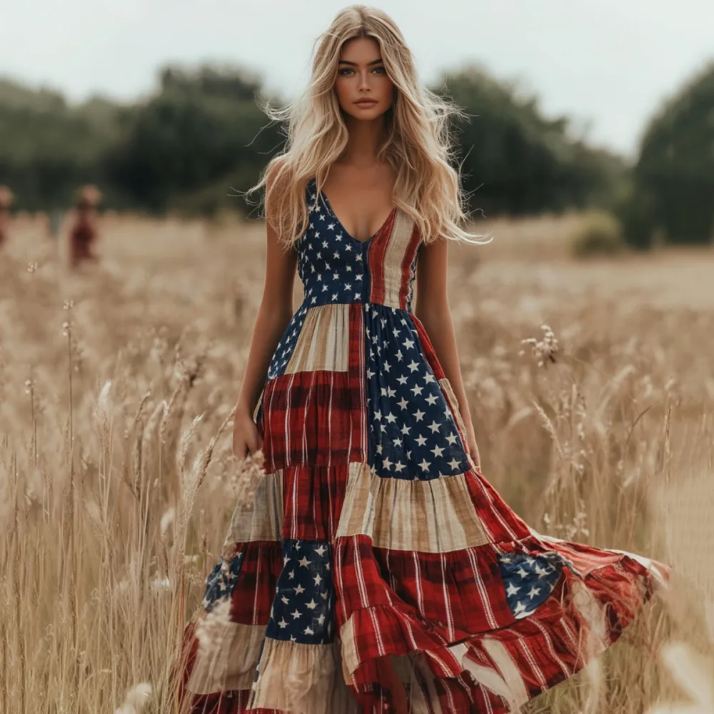 Vintage Independence Day Patchwork America Flag Print Linen Tank Maxi Dress