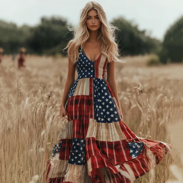 Vintage Independence Day Patchwork America Flag Print Linen Tank Maxi Dress