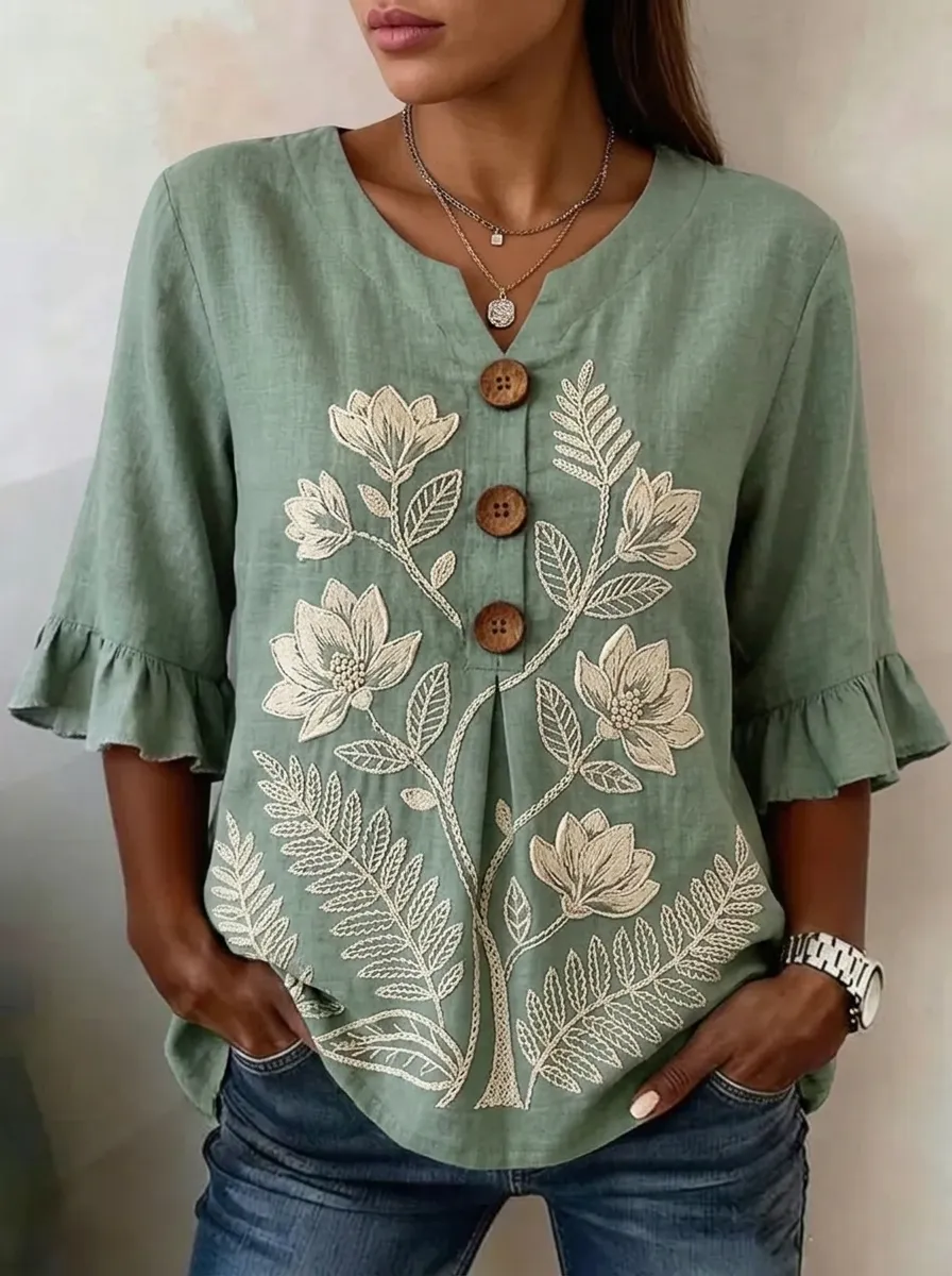Women's Nashville Floral Embroidery Printed V-Neck Top