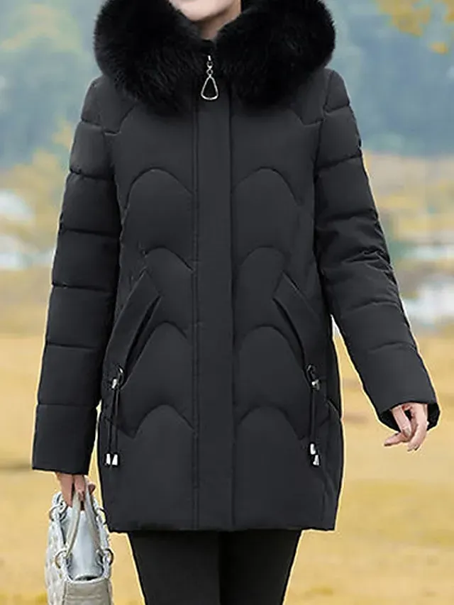 Women's Parka Warm Winter Coat Zipper Puffer Jacket with Removable Fur Collar Zipper Hoodie Heated Jacket Fashion Modern Casual Street Style Outerwear Long Sleeve Fall
