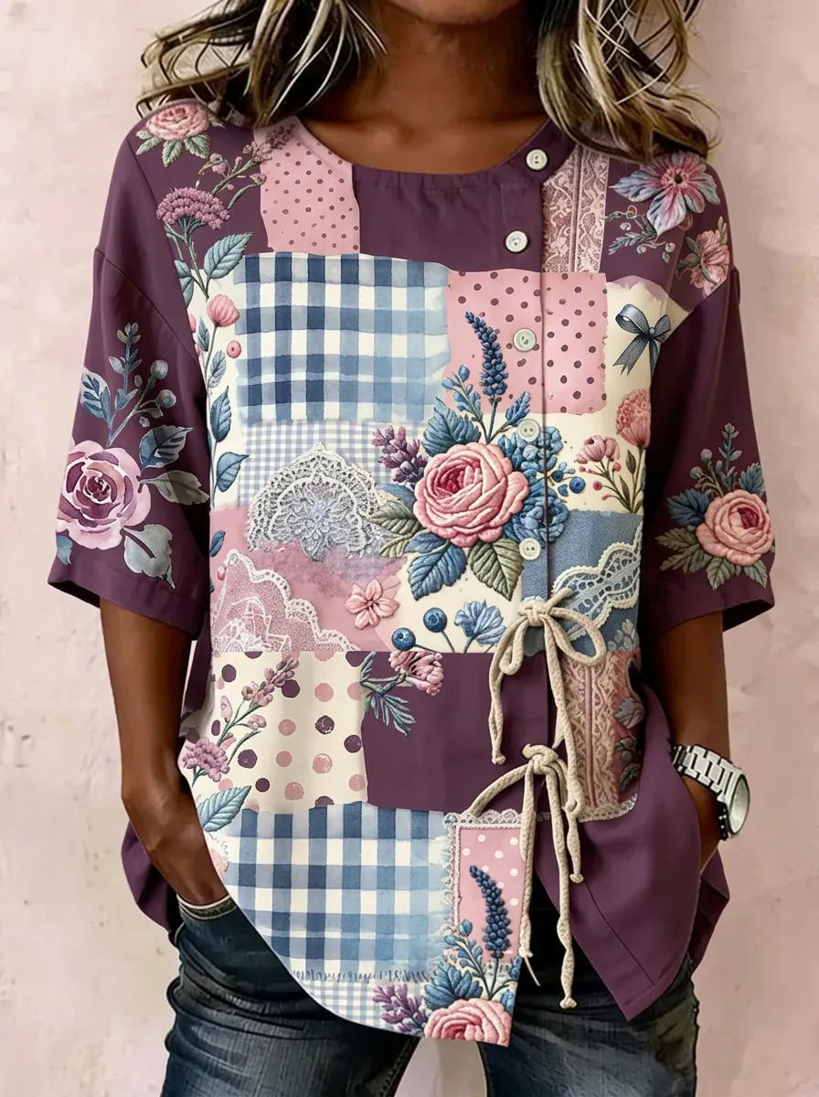 Women's Nashville Floral Patchwork Gingham Printed Top
