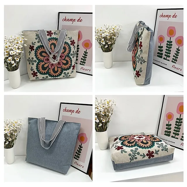 Women's Tote Shoulder Bag Canvas Tote Bag Canvas Shopping Holiday Zipper Large Capacity Foldable Lightweight Geometric Folk Style one Style Three Style two