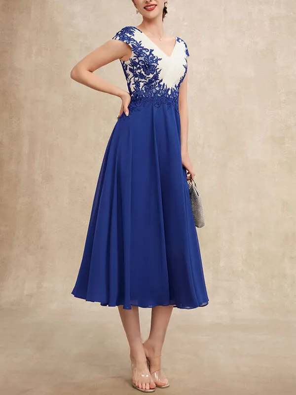 V Neck Chiffon Lace Midi Dress