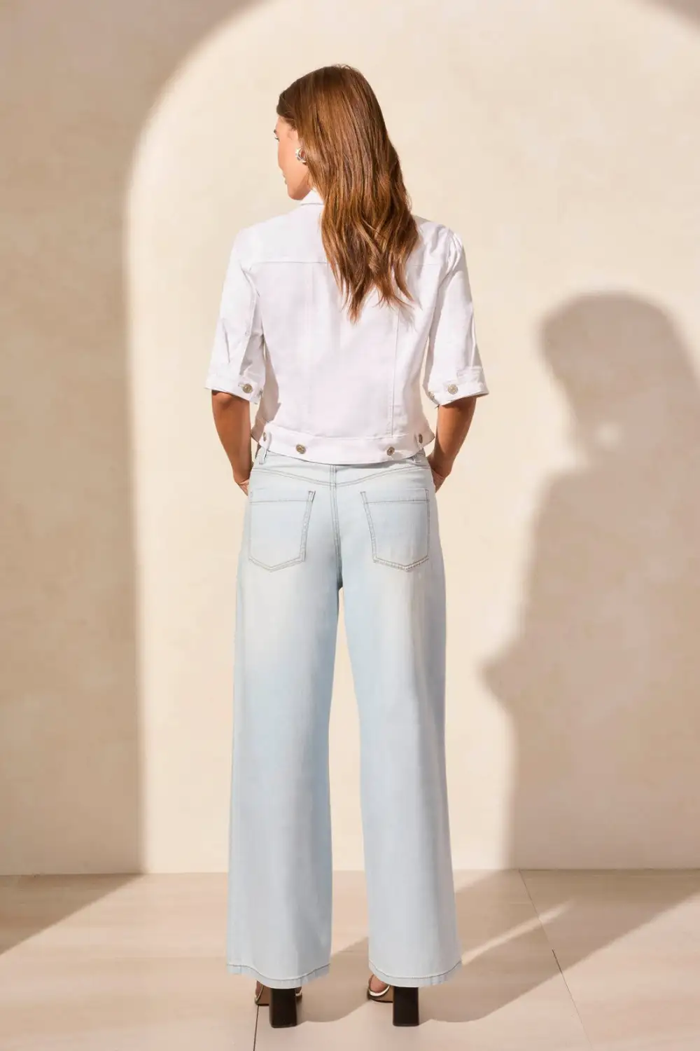 Comfort Stretch Elbow-Sleeve Denim Jacket-White