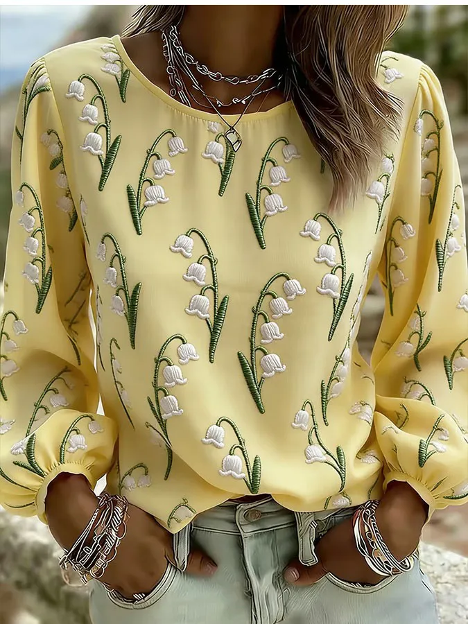 Women'S Floral Art Printed Casual Long Sleeved Shirt
