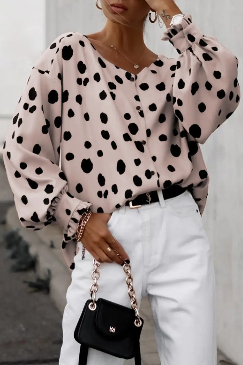 Frilled Button Front Puff Sleeve Blouse