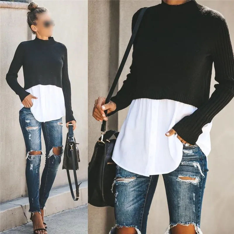 Commuting Solid Color Fake Two Pieces Pullover Jumper