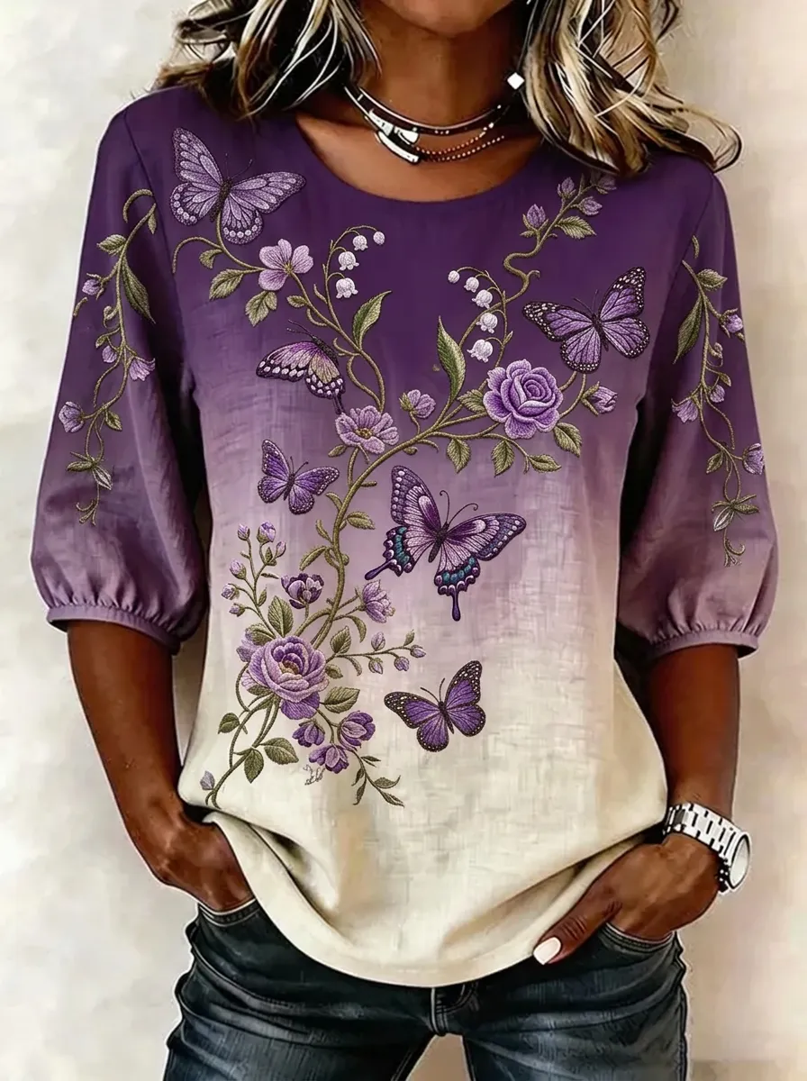 Women's Nashville Butterfly Floral Ombre Printed Top