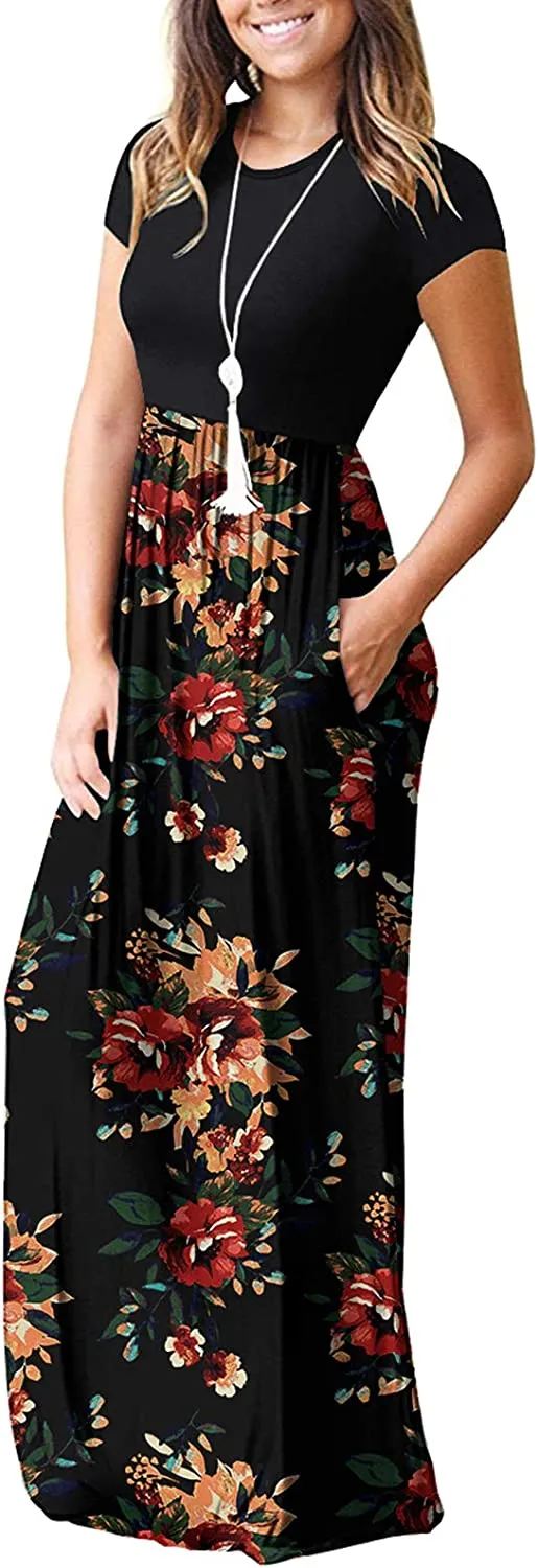 Women's Short Sleeve Loose Plain Maxi Dresses Casual Long Dresses with Pockets